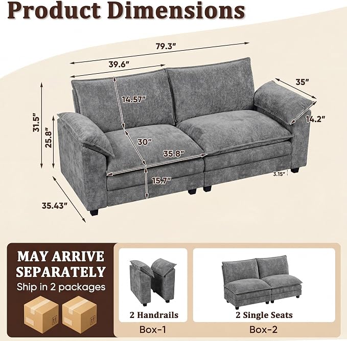 Modern Loveseat Sofa Chenille Cloud Couch - Image 2