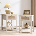 SICOTAS White Nightstand Set of 2, Rattan Decor Drawer by SICOTAS