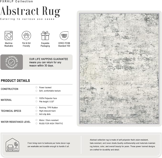 5x7 Area Rug Living Room: Modern Washable Indoor Soft Carpet Gray | - Image 3