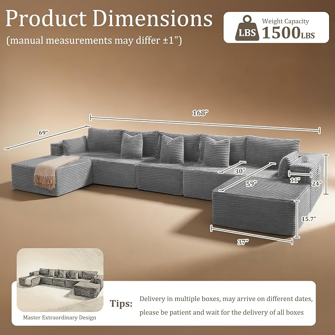 168" Cloud Sectional Couch, Comfort U Shaped Sofa - Image 2