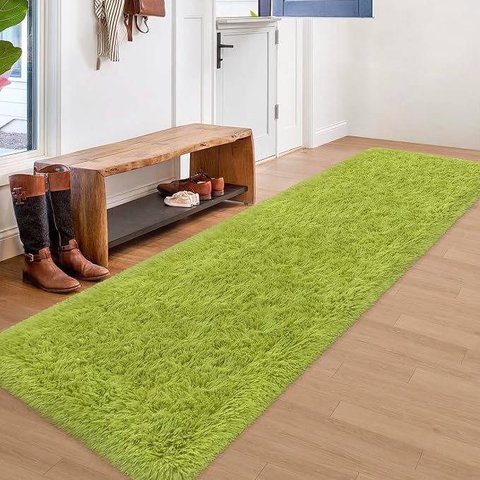 2x8 Bedside Area Rugs for Bedroom Soft Fluffy Shag Green Rug for Hallway by JiaoBaba