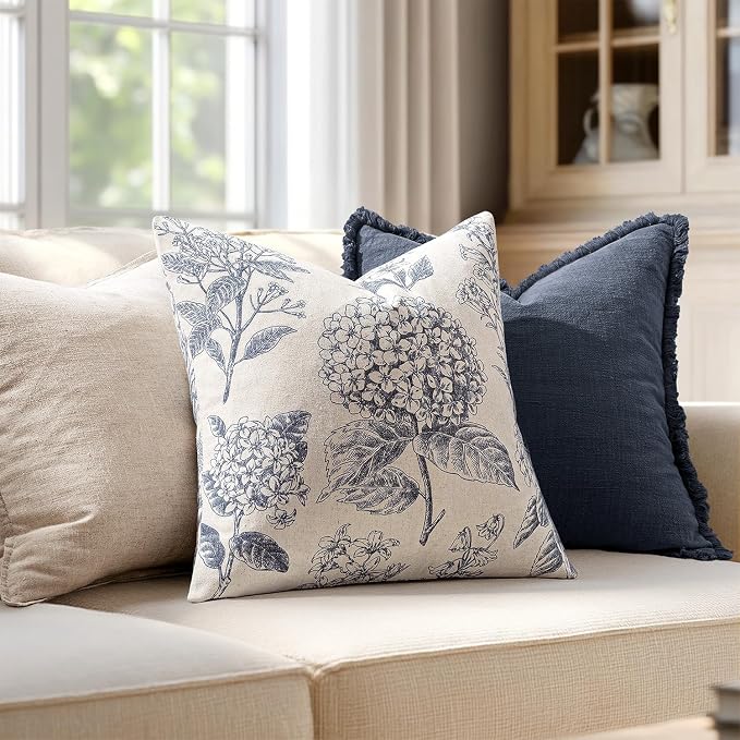 Set of 2 Euro Floral Pillow Covers 24x24 Inch Navy Blue | Decorative Neutral - Image 3