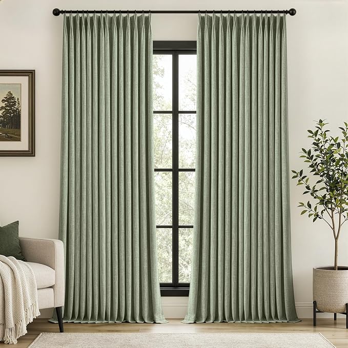 MIULEE Sage Green Pinch Pleated 100% Blackout Linen Curtains 40x90 Inches | by MIULEE