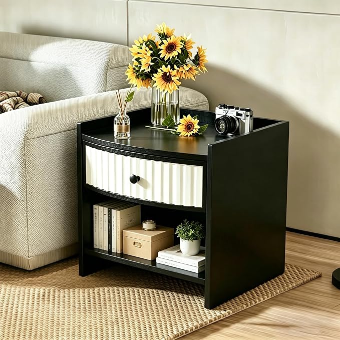 Wooden Nightstand with Drawer and Open Storage Shelf, Curved Front Bedside Table - Image 5
