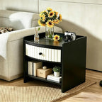 Wooden Nightstand with Drawer and Open Storage Shelf, Curved Front Bedside Table - Image 5