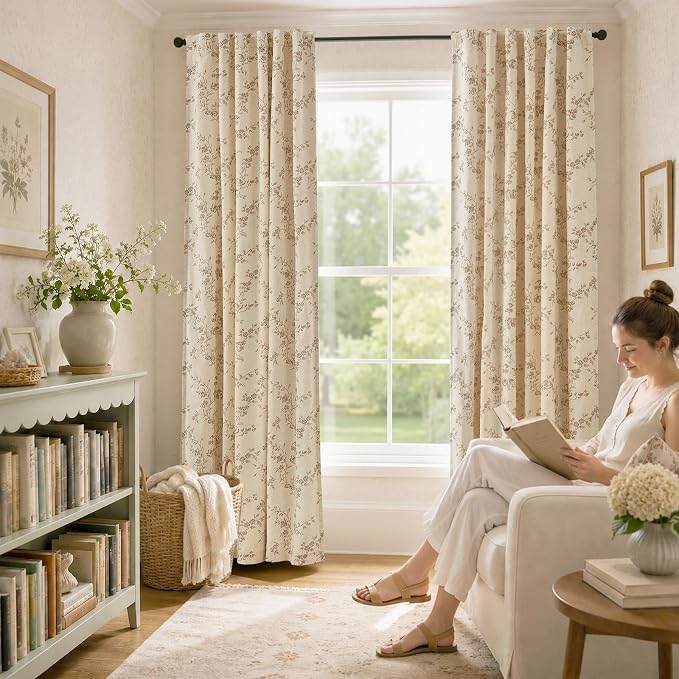 Blackout Vintage Floral Linen Curtains Taupe on Beige 50×96 2 Panels | Elisa - Image 7