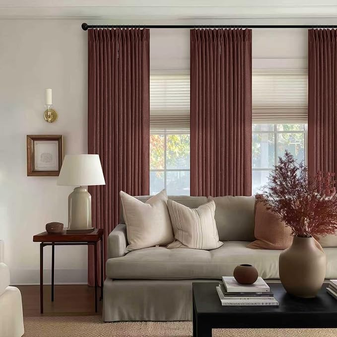 Chestnut Brown 84 Inch Pinch Semi Sheer Pleated Linen Curtains 2 Panel Set | - Image 7