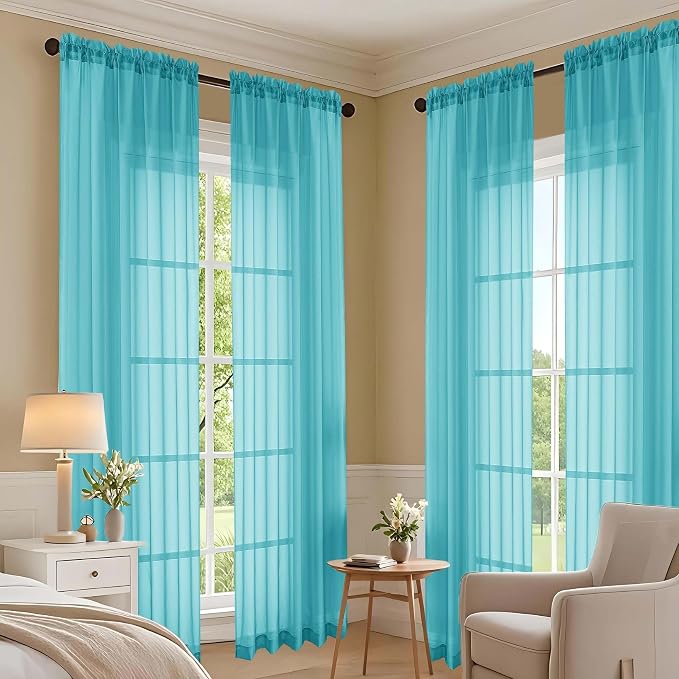 Turquoise Sheer Curtains 84 Inches Long 2 Panels Set, Light Filtering Sheer - Image 6