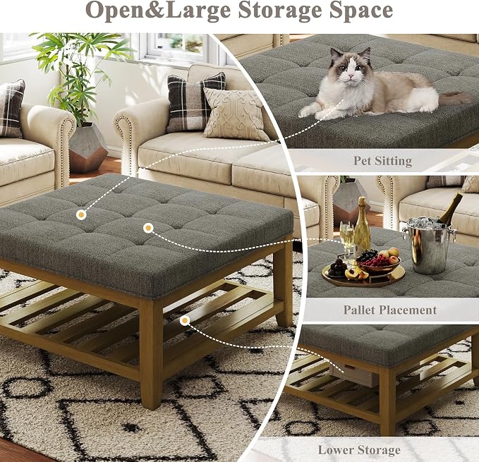 Befurtori Large Square Ottoman Coffee Table, Linen Solid Upholstered Footrest - Image 6