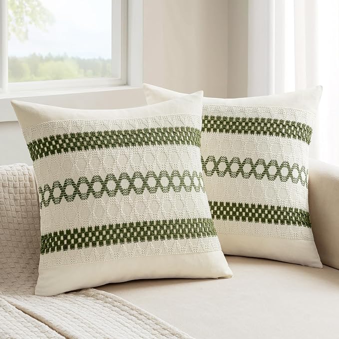 MIULEE Set of 2 Moss Green Boho Decorative Pillow Covers 20x20 Inch | Farmhouse by MIULEE
