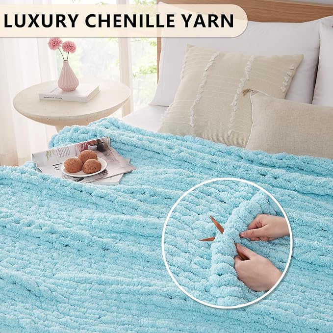 L'AGRATY Chenille Chunky Knit Blanket, Light Blue, Heavyweight Throw Blanket - Image 3