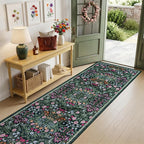 PLHXFR 2.6x10 Washable Runner Rug：Floral Indoor Kitchen Carpet Dark Green | - Image 2