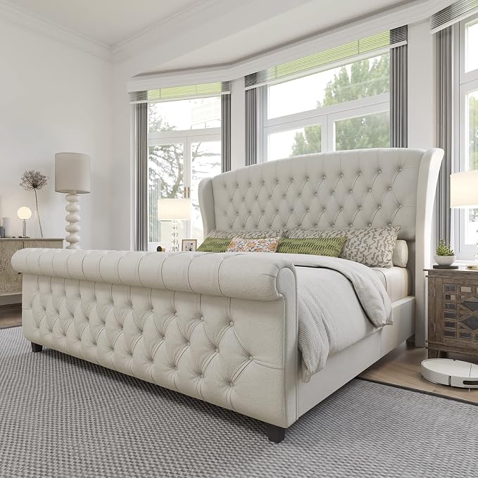 AMERLIFE King Size Platform Bed Frame, Chenille Upholstered Sleigh Bed by AMERLIFE