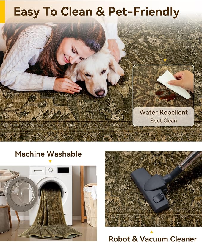 RELEANY Washable Area Rug, Water Repellent, Pet Friendly, Vintage Floral Boho - Image 4
