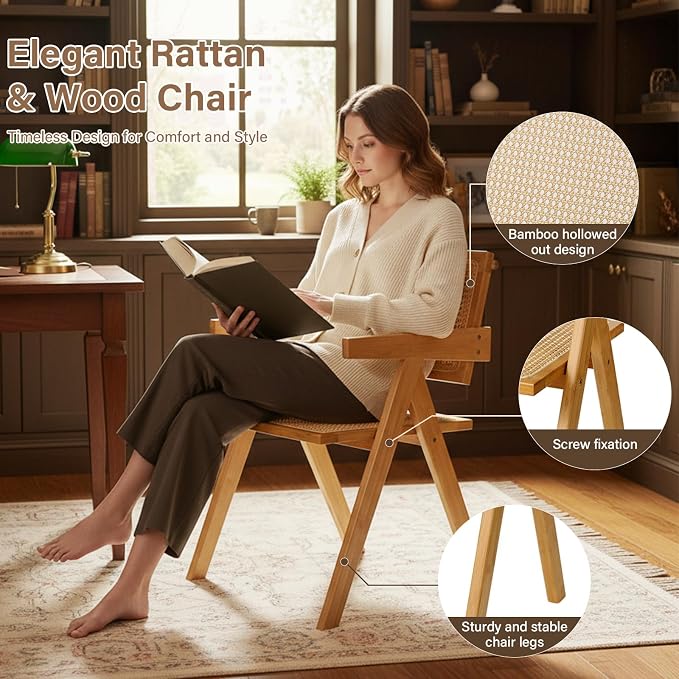 Furlide Rattan Dining Chairs Set of 2, Modern Mid Century Accent Chairs - Image 3