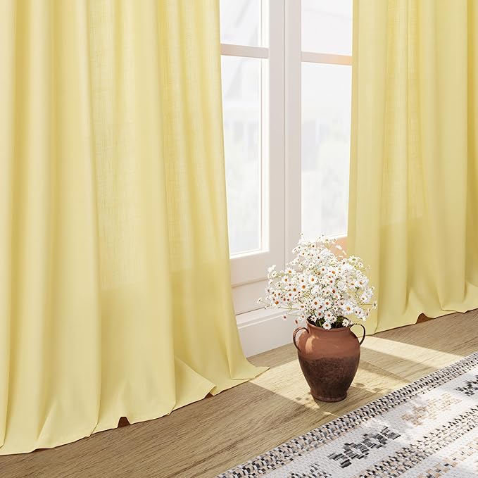 Yellow Linen Boho Curtains for Bedroom Back Tab Rod Pocket Semi Sheer Linen - Image 6
