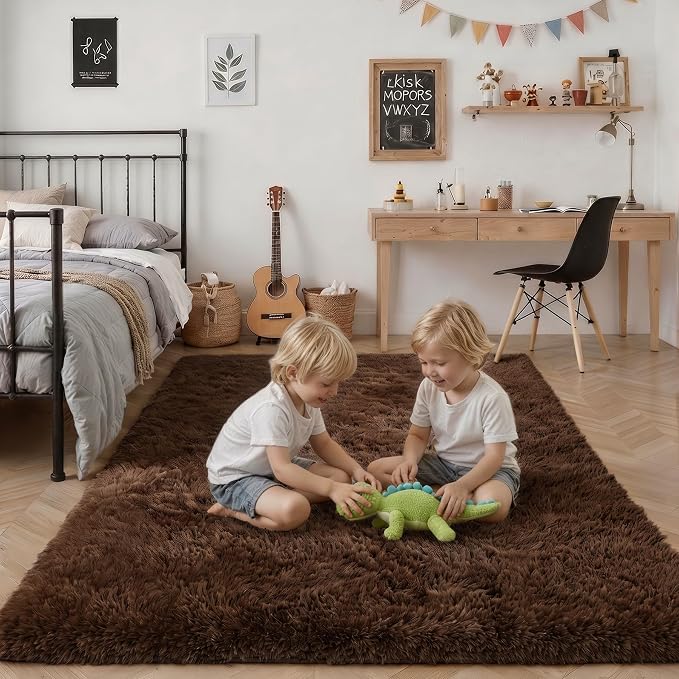 Area Rug Living Room Bedroom: 4x6 Fluffy Plush Shag Carpet Brown | - Image 7