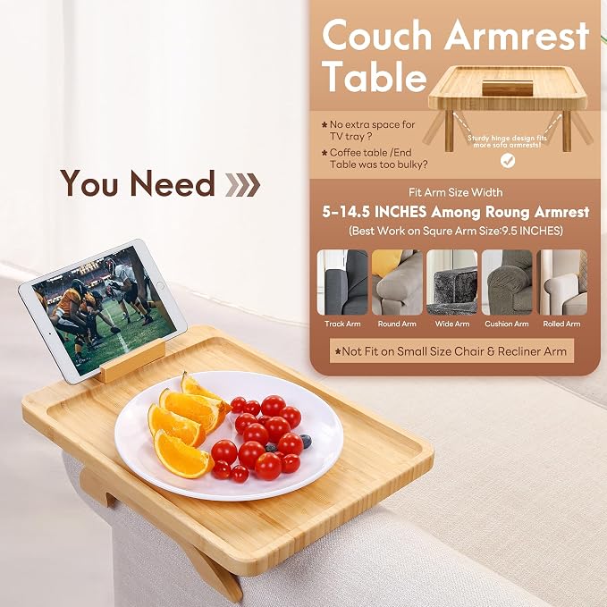 SINWANT Couch Arm Tray Table, Large Bamboo Couch Armrest Table - Image 3