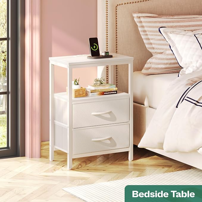 Huuger Nightstand with Charging Station, Side Table with 2 Fabric Drawers - Image 4
