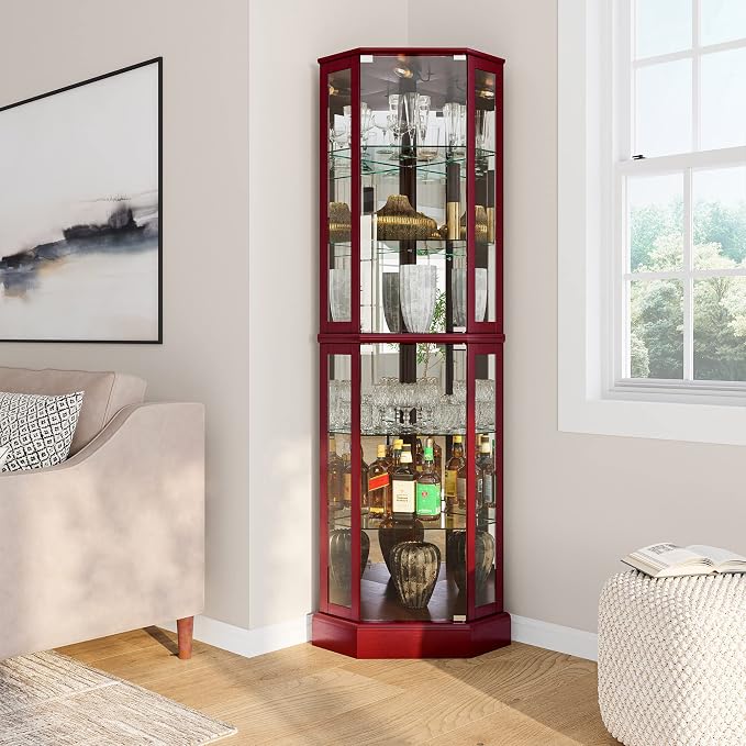 BELLEZE Lighted Corner Display Curio Cabinet Wooden Curved Shelving Unit - Image 3