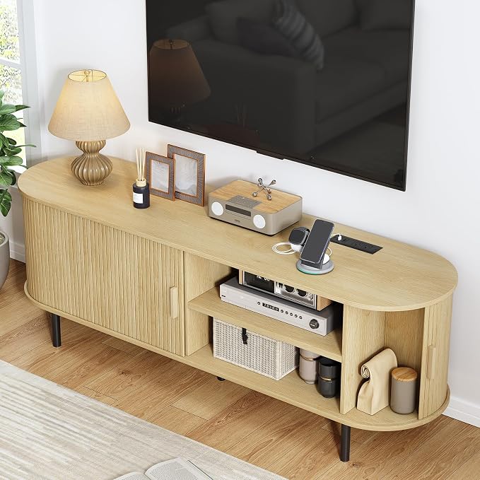 63" TV Stand with Power Outlet, Modern Media Console with Sliding Doors - Image 3