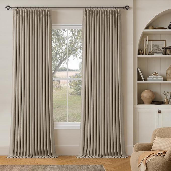 Greige Flax Linen Pinch Pleated Blackout Curtains 86 Inches Long | 100% Black by Twodrapes