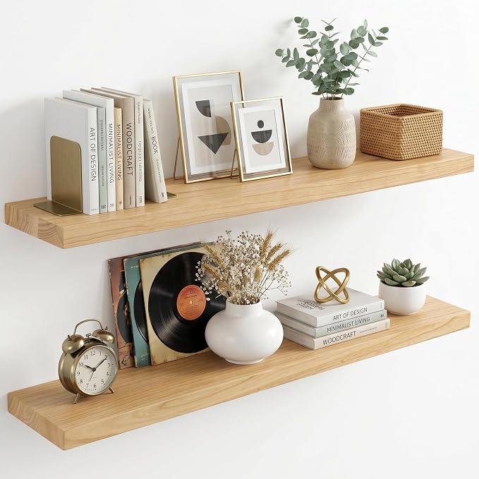 fuqing 40 Inch Floating Shelves | 6.7 Inch Deep Natural Wood Shelves Set of 2 | by Fuqing