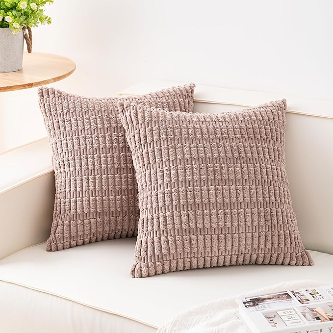 Pack of 2 Corduroy Decorative Throw Pillow Covers 16x16 Inch, Light Brown | by Unknown