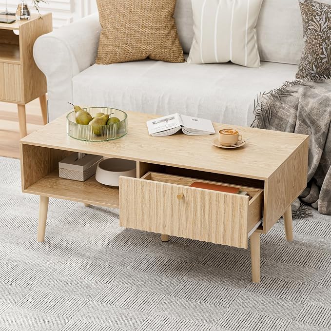 LCRBOL Coffee Table with Storage, Boho Dining Table with Fluted Drawer and by Unknown