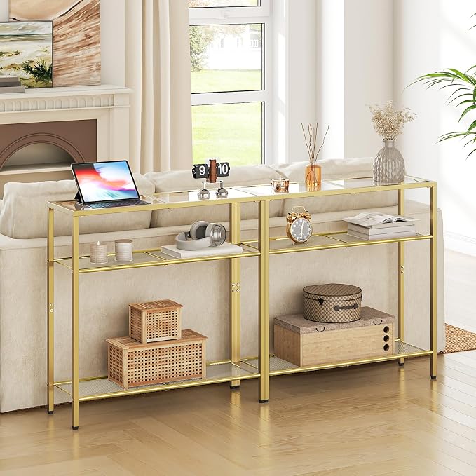 HOOBRO 29.5" Narrow Console Table, 3-Tier Tempered Glass Sofa Table, Modern - Image 4