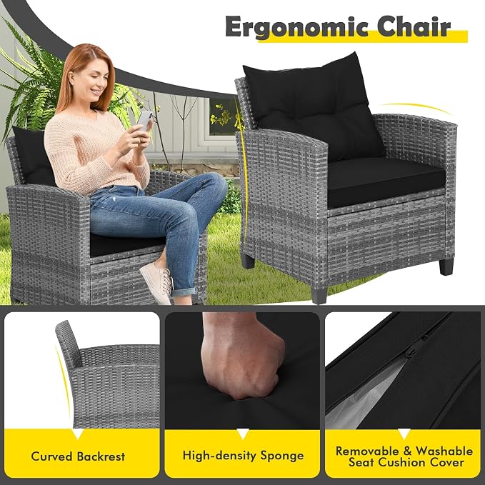 COSTWAY 3PCS Patio Furniture Set, PE Rattan Wicker Sofa w/Washable Cushion and - Image 5