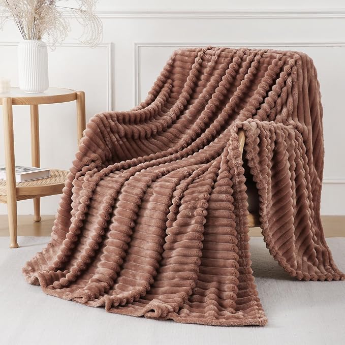 Chocolate Throw Blanket for Couch Sofa 108x90 inches Striped Design | Fleece - Image 3