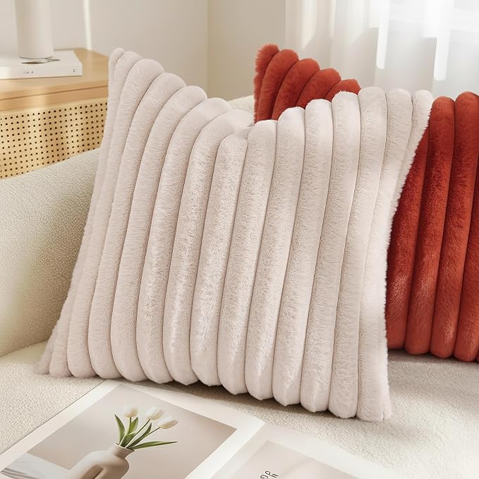decorUhome Fall Faux Fur Throw Pillow Covers 16x16 Set of 2 Beige | Decorative - Image 4