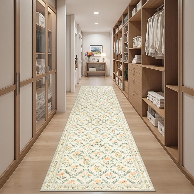 PLHXFR 2.6x10 Washable Runner Rug：Floral Indoor Kitchen Carpet Beige Multi | - Image 5
