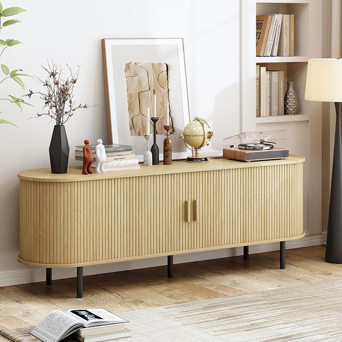 63" TV Stand with Power Outlet, Modern Media Console with Sliding Doors - Image 4