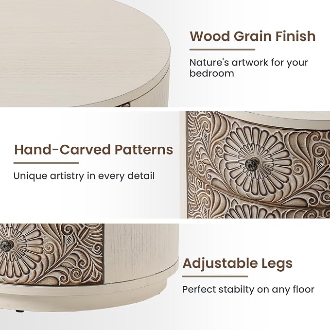 HOMPUS Round End Table Set 2, Fully Assembled Nightstand w 3 Storage Drawers - Image 5