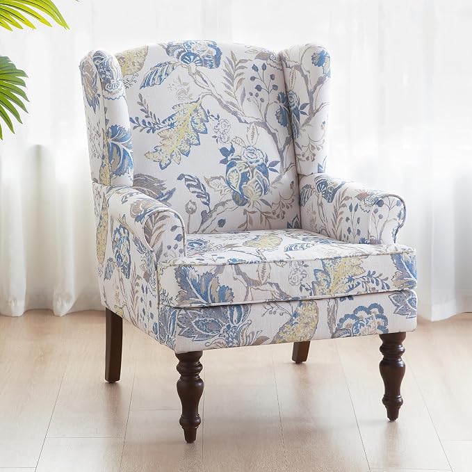 HUIMO Printed Wingback Accent Chair, Linen Upholstered High Back Armchair by HUIMO