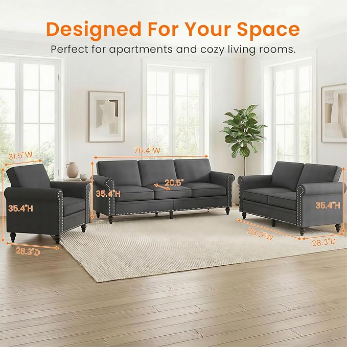 Living Room Sofa Sets 3 Piece, Modern 3 Seater Sofa and Loveseat Couch and - Image 6