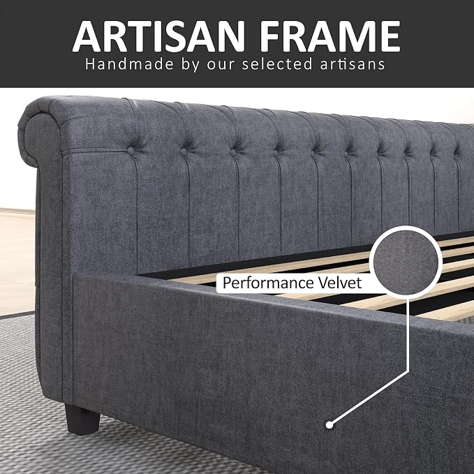AMERLIFE King Size Platform Bed Frame, Velvet Upholstered Sleigh Bed - Image 7