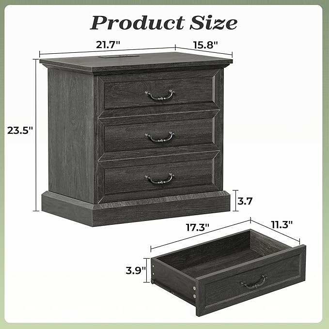 Huuger Nightstand with Charging Station, 3 Drawer Night Stand, 22 Inch Wider - Image 2