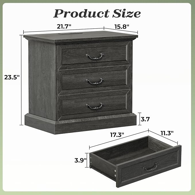 Huuger Nightstand with Charging Station, 3 Drawer Night Stand Set of 2 - Image 2