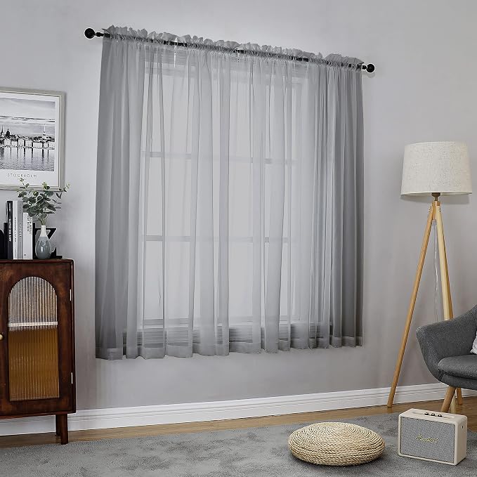 Chyhomenyc Sheer Curtains 63 Inch Length 2 Panels, Charcoal Grey | Light - Image 2