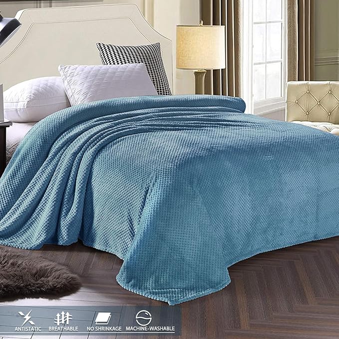 Exclusivo Mezcla Soft Waffle Fleece Bed Blanket Twin Size, Slate Blue | - Image 3