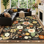 RELEANY Floral Washable 8x10 Area Rugs Black/Yellow | Flower Carpet Print Boho by RELEANY