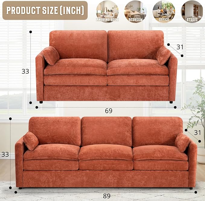 Classic Chenille Sofa Set with 2 Extra Armrest Pillows, Loveseat and 3-Seat - Image 3