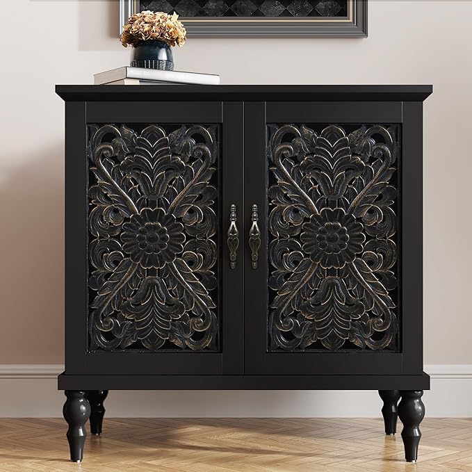 ARTPOWER Accent Cabinet with 2 Doors, Vintage Carved Wood Storage Cabinet by PowerofArtBetterforLife