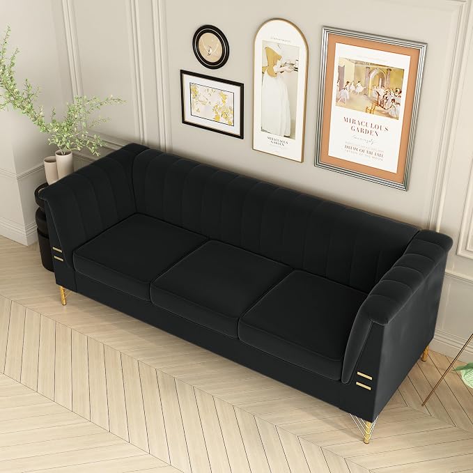83.46" W Black Velvet Sofa Couch - Image 7