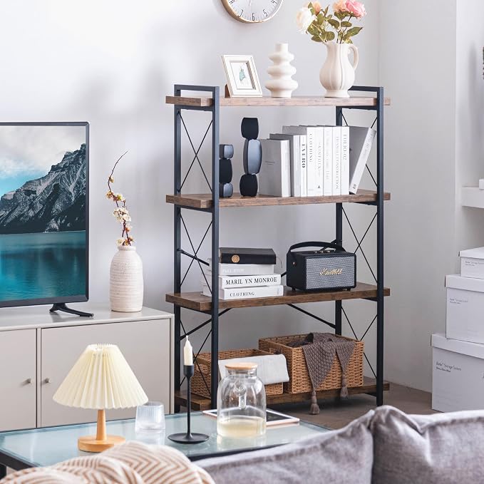 HCHQHS Bookshelf, 4-Tier Industrial Bookcase, Rustic Open Book Shelf, - Image 8