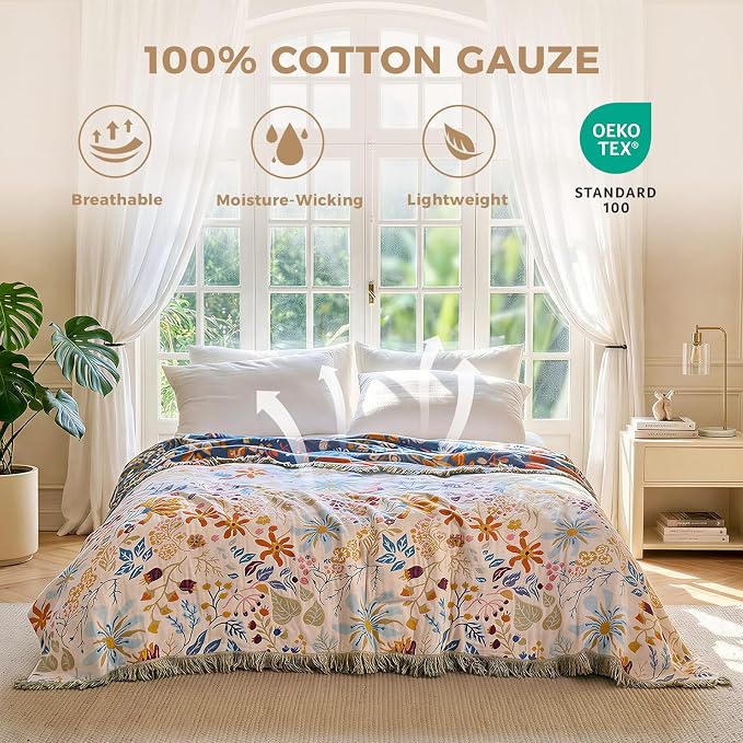 LUTBM Boho Throw Blanket with Florals & Leaves Embroidery Reversible - Image 2