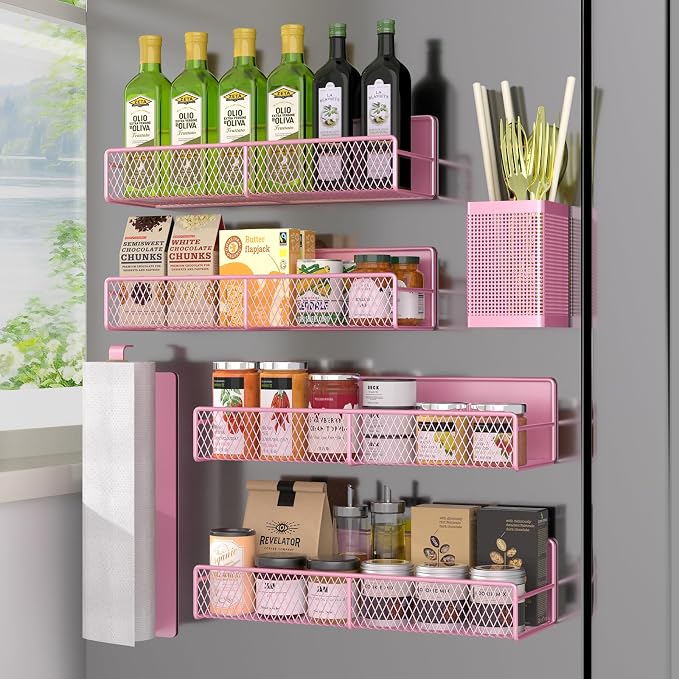 Magnetic Spice Rack for Refrigerator, 6 Pack Metal Magnetic Shelf Pink by DTUQYX